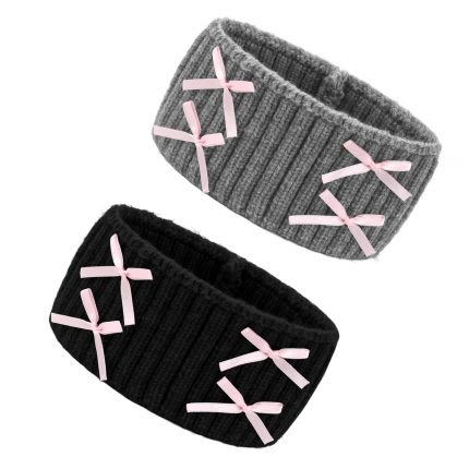 2PCS Winter Knit Headbands for Women & Girls, Warm Woolen Hair Bands with Pink Bow Decor, Soft  Hair Accessories for Daily Styling & Cold Weather
