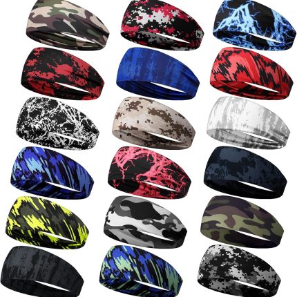 18 Pcs Sports Sweatbands for Men Women Camo Headbands Workout Non Slip Headbands Breathable Head Band Fitness Stretchy Unisex Hairband for Yoga Running Cycling Ball